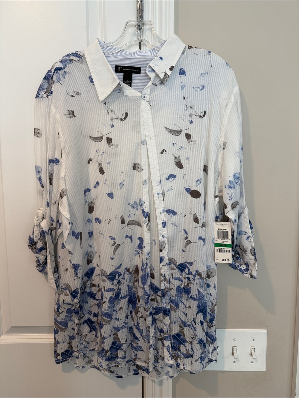 Alfani White Button-Down Shirt with Blue and Gray Floral Print